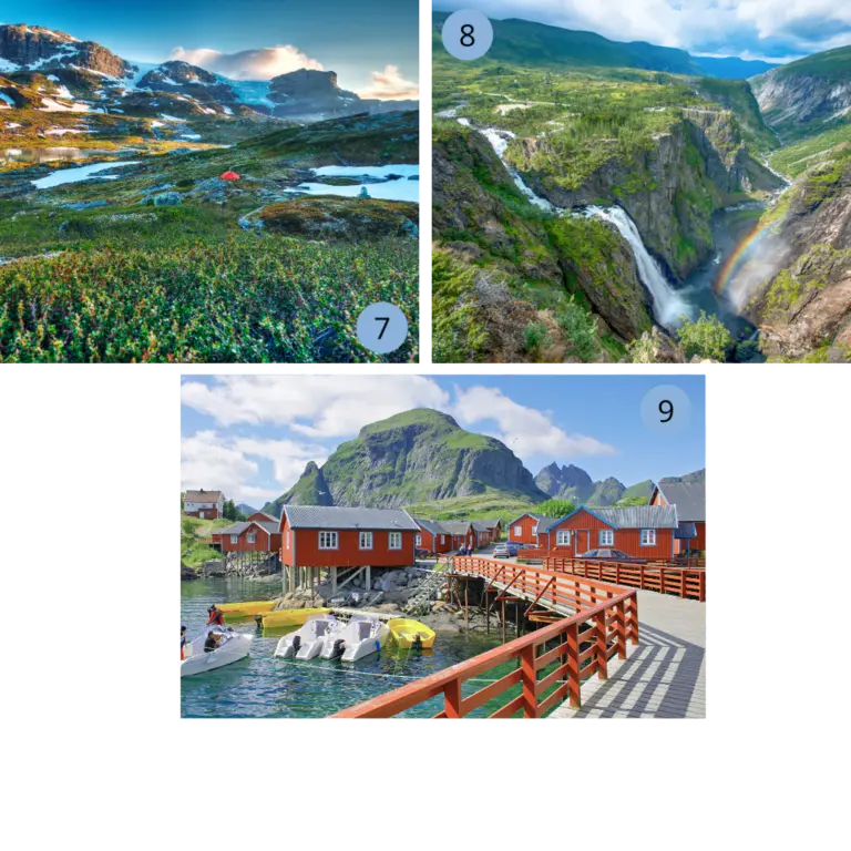 Norwegens unberührte Natur: Hardangervidda, Vøringsfossen und die Lofoten entdecken Eine dreiteilige Collage zeigt die wilde Schönheit Norwegens: Ein einsames rotes Zelt in der kargen Weite der Hardangervidda vor einem majestätischen Gletscher, den gewaltigen Wasserfall Vøringsfossen mit einem Regenbogen in der tiefen Schlucht und die ikonischen roten Fischerhütten der Lofoten unter einem strahlend blauen Himmel – ein Traumziel für jeden Natur-Urlaub und jedes Outdoor-Abenteuer.