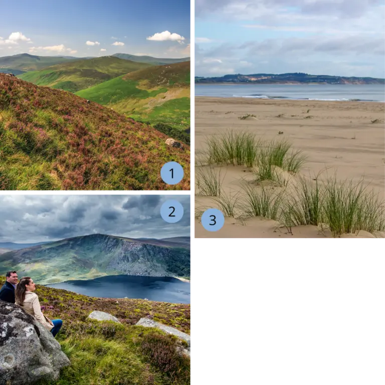 Schöne Filmkulissen in Irland, Sally Gap, Lough Tay in den Wicklow Mountains und Curracloe Strand Collage mit einer alten Steinbrücke in den Wicklow Mountains, Blick auf den Lough Tay (Guinness Lake) und Dünenstrand an der irischen Ostküste – abwechslungsreiche Natur in Irland.