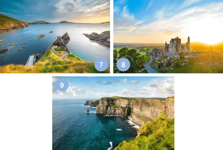 Unsere Lieblingsorte in Irland - Dingle Halbinsel, Rock of Cashel & Cliffs of Moher - Wolters Rundreisen Collage mit dem Ring of Kerry, dem mittelalterlichen Rock of Cashel und den berühmten Cliffs of Moher – faszinierende Mischung aus Geschichte und Natur in Irland.