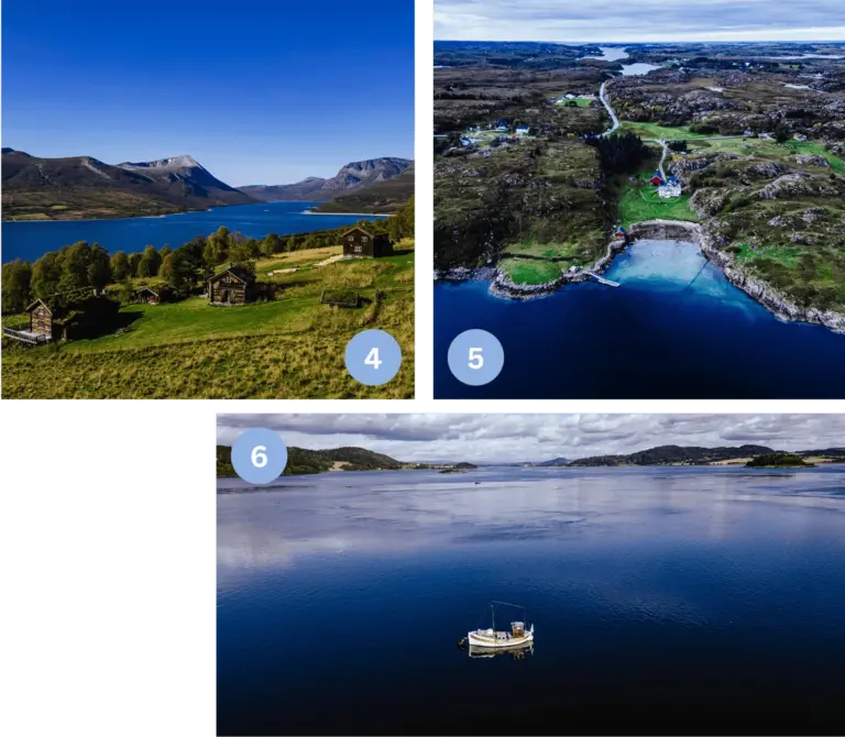 Norwegische Naturidylle - Fjelllandschaften, Küstendörfer und stille Fjorde Collage mit drei Motiven aus Norwegen: 1) Berghütten am See in einer weiten Fjelllandschaft, 2) Küstendorf mit grünen Wiesen und klarem Wasser, 3) Boot auf einem stillen Fjord unter wolkigem Himmel. Darstellung der vielfältigen norwegischen Natur.