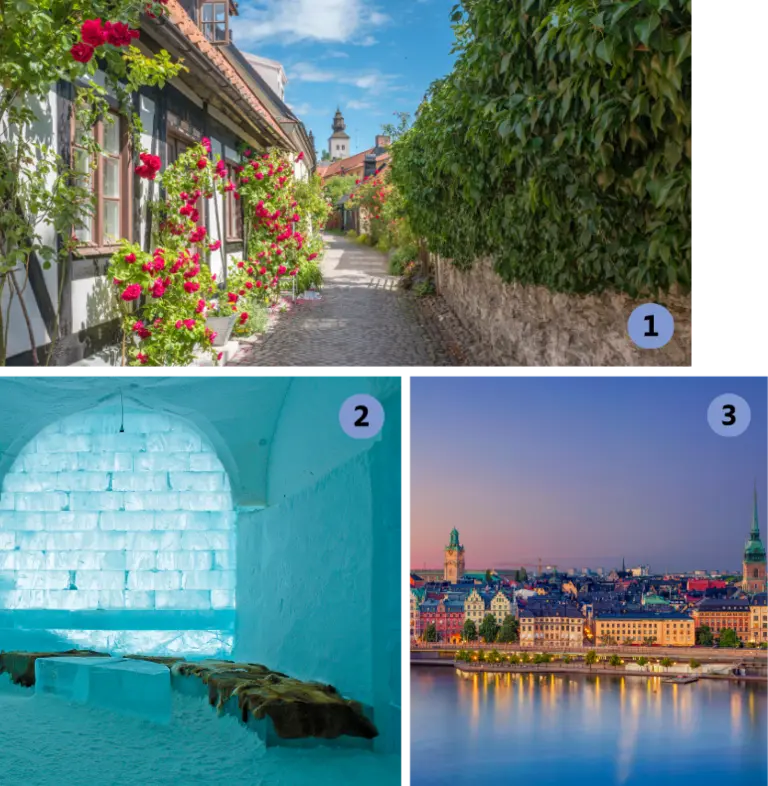 Die Collage zeigt drei ikonische Orte in Schweden: eine blumenreiche Gasse mit Fachwerkhäusern in der Altstadt von Visby auf Gotland, das berühmte Eishotel in Jukkasjärvi mit glitzernden Eiswänden und Rentierfellen sowie die abendliche Skyline von Stockholm mit farbenfrohen Häusern und ruhigem Wasser. Diese Bilder spiegeln die Vielfalt schwedischer Filmkulissen und Reiseziel-Highlights zwischen Natur, Architektur und Kultur wider.