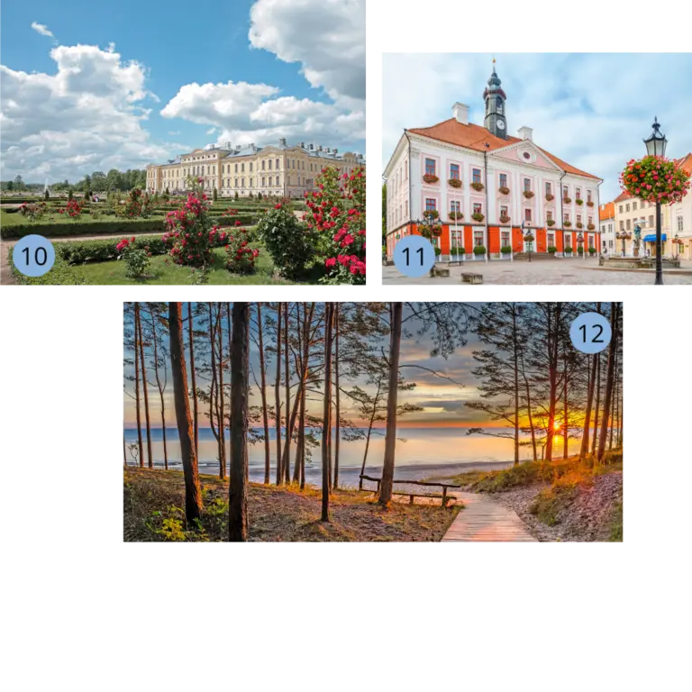 Unsere Lieblingsorte im Baltikum - Rundāle-Palast, Seebad Jurmala, Tartu - Wolters Rundreisen Collage mit drei Eindrücken aus dem Baltikum: Das Barockschloss Rundale in Lettland mit prachtvollen Gärten, das Rathaus von Tartu in Estland mit klassizistischer Fassade und ein Küstenbild mit Dünen, Wald und Sonnenuntergang am Strand.