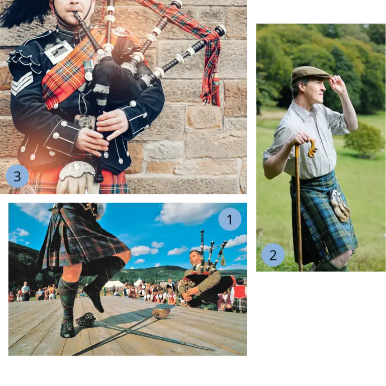 Eine Collage mit drei Bildern 1) Tänzerinnen beim Highland-Tanz in karierten Kilts während eines Wettkampfs. 2) Ein Mann in klassischer Highland-Tracht und Mütze in grüner Hügellandschaft. 3) Dudelsackspieler mit traditioneller Uniform, der die typische Musik der Highlands repräsentiert.