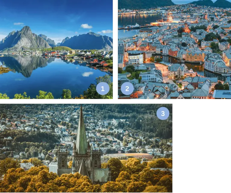 Norwegische Highlights - Lofoten - Inseln, Alesund und Nidarosdom in Trondheim Collage mit drei ikonischen Motiven Norwegens: 1) Die Lofoten-Inseln mit dramatischen Bergen und blauem Meer, 2) die Stadt Ålesund mit Jugendstilarchitektur und Hafen, 3) der Nidarosdom in Trondheim umgeben von grüner Natur. Kombination aus Natur, Architektur und Kultur.