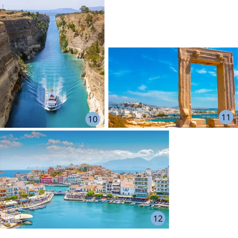 Auf dem Bild sind 3 kleinere Bilder zu erkennen: Der berühmte Kanal von Korinth in Griechenland, durch den ein Schiff zwischen steilen Felswänden fährt. Ein weiteres Bild zeigt die Portara von Naxos, ein monumentales antikes Tor aus Stein mit Blick auf die Stadt und das blaue Meer im Hintergrund. Das dritte Bild zeigt die Hafenstadt Agios Nikolaos auf Kreta mit ihrer malerischen Uferpromenade, bunten Häusern, Cafés und dem tiefblauen Wasser des Voulismeni-Sees.