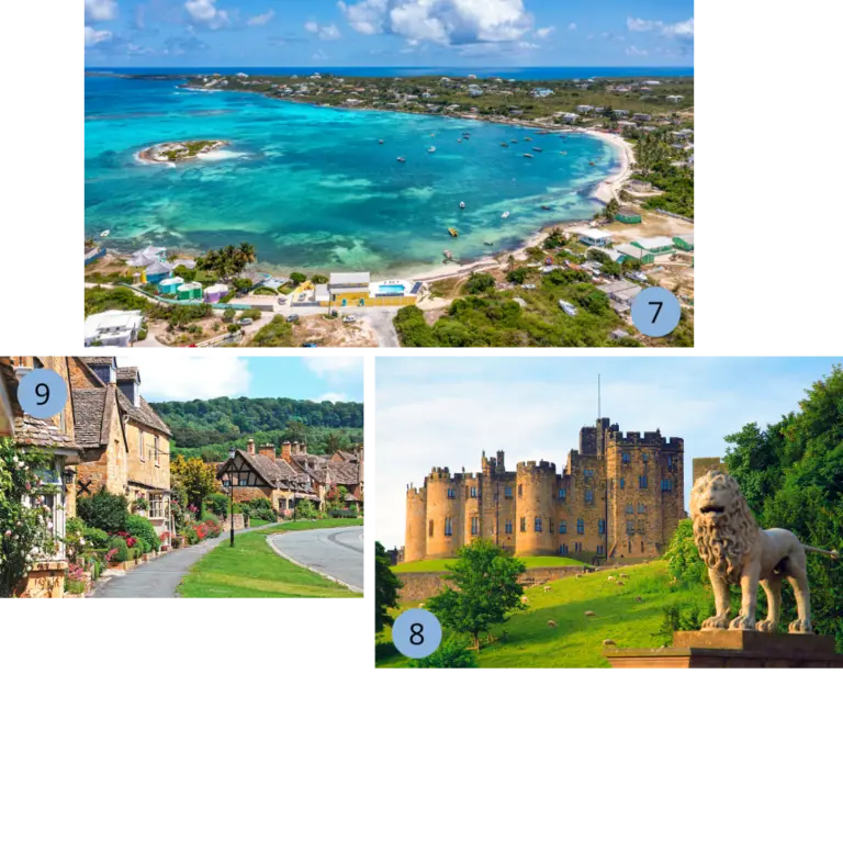 Collage mit drei Eindrücken aus England: türkisfarbenes Meer mit Stränden und Buchten, die mittelalterliche Burg Alnwick Castle mit Löwenstatue sowie ein malerisches Dorf in den Cotswolds mit traditionellen Steinhäusern.