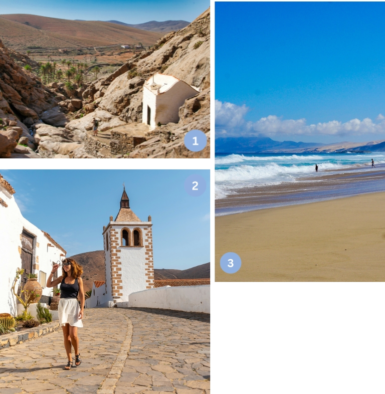 Fuerteventura entdecken - Küsten, Vulkanlandschaften und kanarische Dörfer erleben Die Collage zeigt typische Eindrücke von Fuerteventura auf den Kanarischen Inseln in Spanien mit einer kleinen Kapelle, die in eine raue Vulkanlandschaft gebaut ist (Barranco de Penitas Schlucht), einem traditionellen kanarischen Dorf mit weißer Kirche und einer Frau, die entspannt durch die gepflasterten Straßen spaziert (Betancuria), sowie einem weiten Sandstrand mit kräftigen Wellen des Atlantiks (Cofete), die zusammen die besondere Mischung aus Natur, Kultur, Ruhe und Urlaubsgefühl widerspiegeln und Lust auf Reisen, Strandurlaub, Sehenswürdigkeiten und authentische Inselerlebnisse machen.