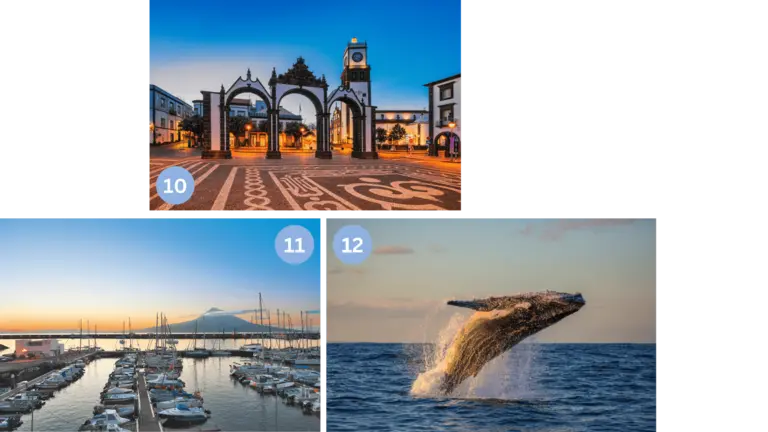 Die Bilder zeigen weitere Highlights der Azoren: den historischen Platz in Ponta Delgada auf São Miguel mit Stadttor, Rathaus und kunstvollem Pflaster im Abendlicht; den Yachthafen von Horta auf Faial mit zahlreichen Booten und Blick auf den majestätischen Vulkan Pico; sowie einen springenden Delfin im Atlantik vor den Azoren, mit blauem Meer und der Silhouette einer Vulkaninsel im Hintergrund.