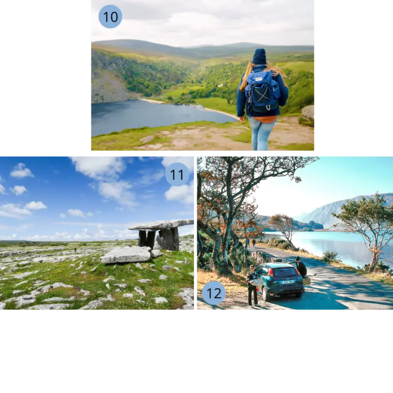 Collage mit den Wicklow Mountains, der Burrenregion und dem Glenveagh Nationalpark – abwechslungsreiche Wander- und Naturparadiese in Irland.