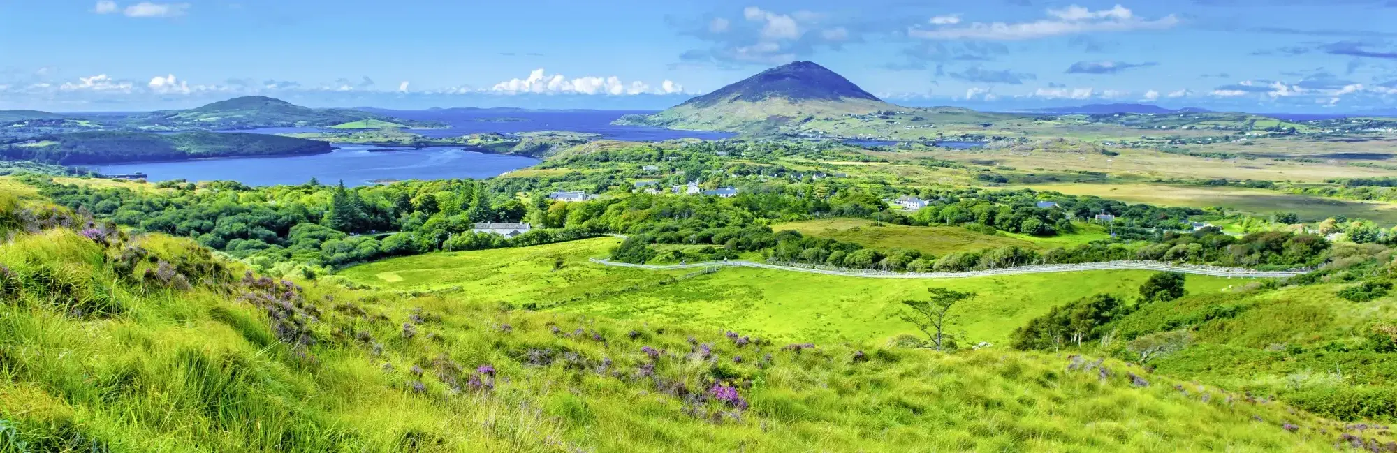 Irlands grüne Seele: Panoramablick im Connemara Nationalpark Ein atemberaubender Panoramablick im Connemara Nationalpark in Irland, wo sich an einem sonnigen Tag saftig grüne Hügel, tiefblaue Seen und die Küste des Atlantiks erstrecken und die unberührte Natur zu einer unvergesslichen Reise und einem Wander-Urlaub einlädt.