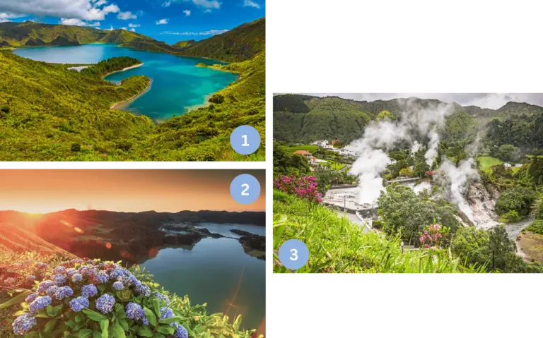 Auf den Bildern sind drei Highlights von São Miguel auf den Azoren zu sehen: Der tiefblaue Kratersee Lagoa do Fogo, umgeben von grünen Vulkanhängen; ein Aussichtspunkt mit Holzgeländer über die weite Vulkanlandschaft Sete Cidades mit türkisfarbenem See; sowie die heißen Thermalquellen von Furnas, aus denen weiße Dampfschwaden zwischen Häusern und üppiger Vegetation aufsteigen.