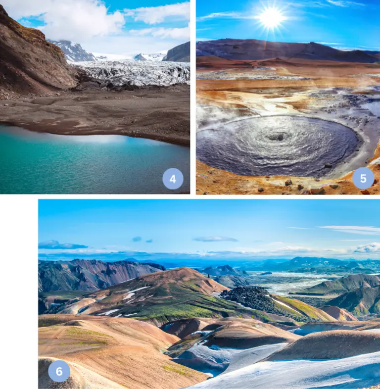 In dieser Collage treten die Gegensätze von Feuer und Eis in den Vordergrund. Zu sehen ist ein türkisblauer Gletschersee am Fuße eines mächtigen Eisstroms, daneben sprudelt ein brodelnder Schlammvulkan im Sonnenlicht. Abgerundet wird die Szene durch die farbenprächtigen Berge des Hochlands, deren leuchtende Töne von Grün, Braun und Ocker die Vielfalt der isländischen Landschaft unterstreichen.