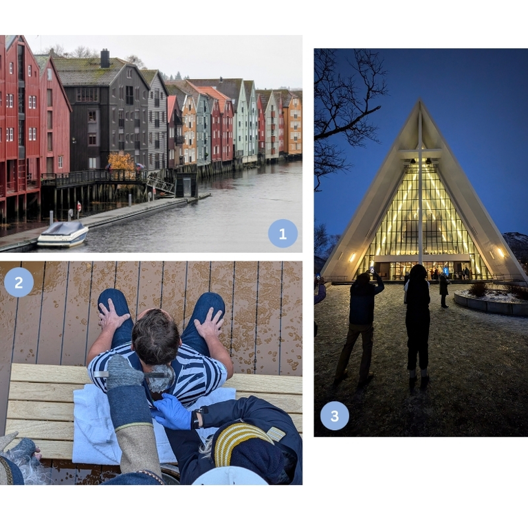 Collage mit Eindrücken der Norwegenreise: bunte Holzhäuser am Fluss Nidelva in Trondheim, ein Passagier bei der traditionellen Polarkreistaufe an Bord der MS Havila Pollux und die abendlich beleuchtete Eismeerkathedrale in Tromsø.