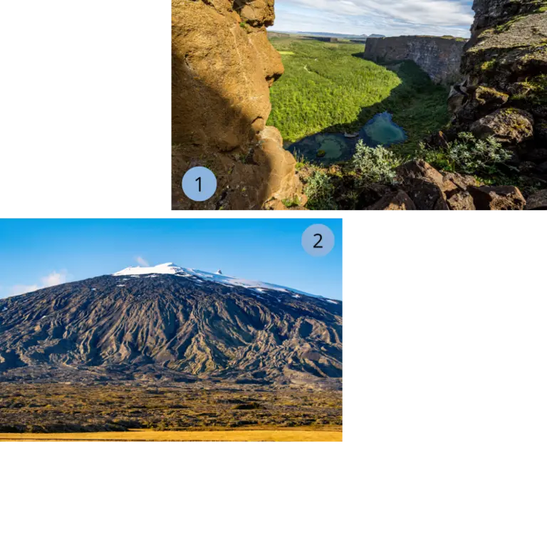Dimmuborgir & Reynisfjara Zwei beeindruckende Naturmotive: eine grüne Flussschlucht mit markanten Felsformationen (Gesichtsprofil) und ein massiver Vulkan mit Lavaflächen und Schneekappe. Keywords: Natur, Schlucht, Fluss, Felsformation, Gesicht im Fels, Vulkan, Lava, Schnee, Landschaft, Wildnis.