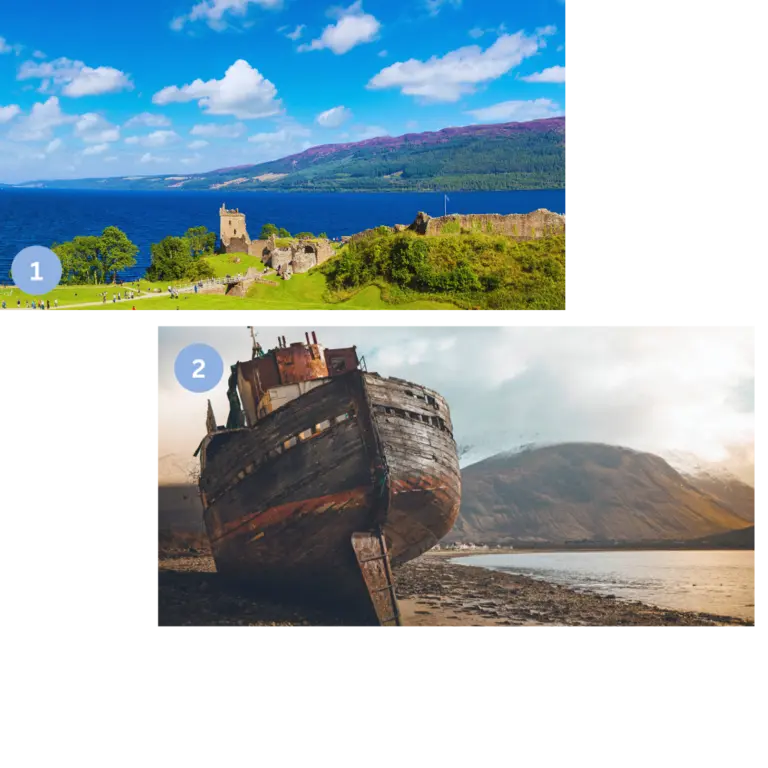 Mystische Landschaften Schottlands - schöne Landschaft und einem Schiffwrack Collage mit zwei Bildern 1) Eine sonnige Panoramaansicht eines Sees mit Burgruinen in grüner Hügellandschaft. 2) Ein verlassenes Schiffswrack an einer rauen Küste vor Bergkulisse.