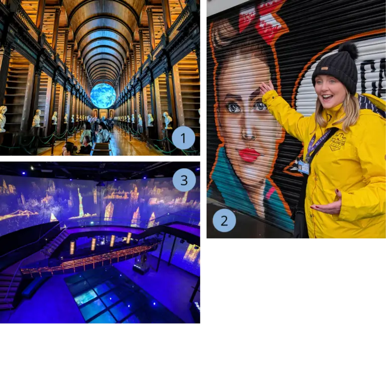 Collage mit der historischen Bibliothek im Trinity College Dublin, einer Street-Art-Führung und einer modernen interaktiven Ausstellung – Irlands Mischung aus Kultur, Geschichte und urbanem Lifestyle.
