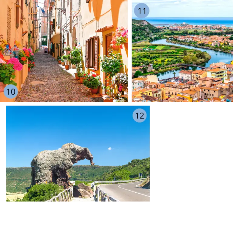 Unsere Lieblingsorte auf Sardinien - Alghero, Bosa, Roccia dell´Elefante - Wolters Rundreisen Collage mit einer Altstadtgasse in Alghero, der Stadt Oristano und dem berühmten Elefantenfelsen bei Castelsardo – charmante Orte und Naturdenkmäler auf Sardinien.