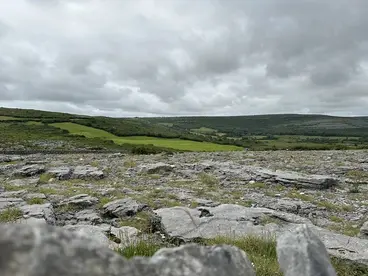 Irlands wilde Schönheit: Die einzigartige Karstlandschaft des Burren Die einzigartige Karstlandschaft des Burren in Irland erstreckt sich unter einem bewölkten Himmel, wo der graue Kalksteinfelsen einen faszinierenden Kontrast zur grünen Hügellandschaft bildet und zu einem unvergesslichen Wander-Abenteuer während einer Reise durch die wilde Natur einlädt.