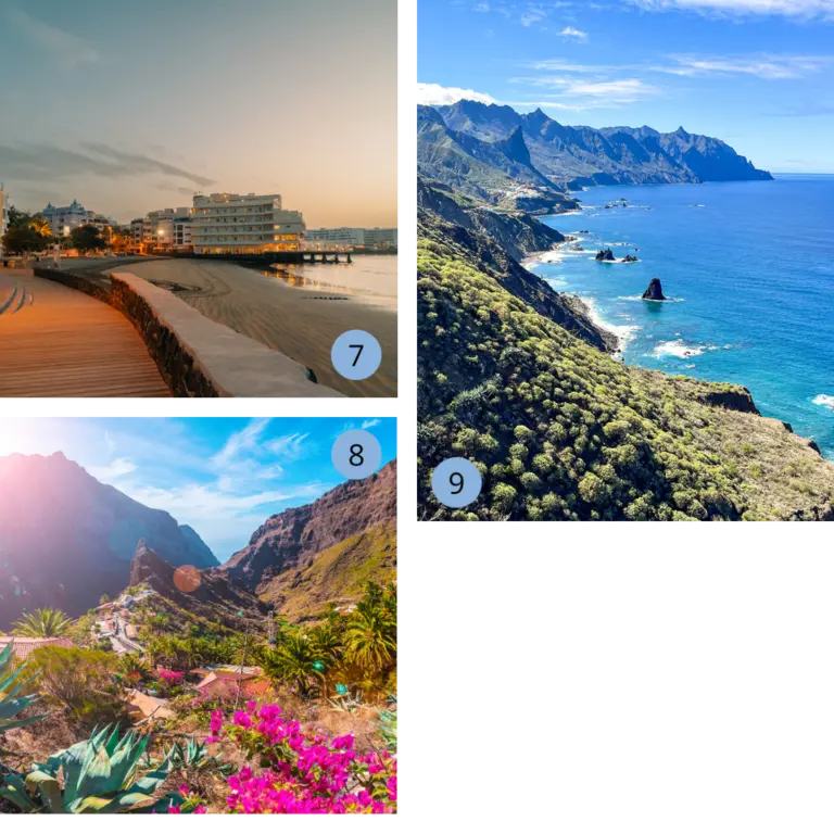 Eine dreiteilige Bild-Collage zeigt die landschaftliche Vielfalt Teneriffas: Eine ruhige Küstenpromenade mit weißen Gebäuden am Sandstrand im sanften Licht der Dämmerung, das malerische, versteckte Bergdorf Masca inmitten von Palmen und leuchtenden Bougainvilleen sowie die spektakuläre, grüne Steilküste des Anaga-Gebirges, die tief in den blauen Atlantik abfällt – eine ideale Inspiration für Wanderungen und Natur-Urlaub auf den Kanaren.