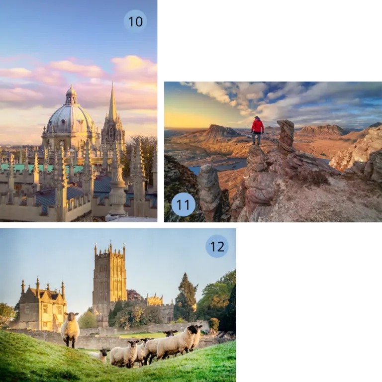 Unsere Lieblingsorte in Großbritannien - Oxford, Highlands, Cotswolds - Wolters Rundreisen Auf dem Bild sind drei kleine Bilder zu sehen. Das erste Bild zeigt eine Aufnahme der berühmten Universitätsstadt Oxford in England. Man sieht eine Kuppel und mehrere Türme. Das zweite Bild zeigt die schottischen Highlands bei klarem Himmel und einer untergehenden Sonne. Die Berge sind felsig. Das dritte Bild zeigt Schafe auf einer Wiese in der Region der Cotswolds. Im Hintergrund sieht man eine Kirche und andere klassisch historisch englische Gebäude.