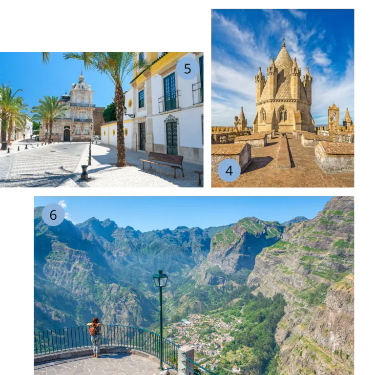 Das Bild zeigt drei kleine Bilder. Eins ist ein Bild der portugiesischen UNESCO Stadt Évora, die Hauptstadt der Algarve Portugals Faro und das Nonnental Curral das Freiras auf Madeira. 