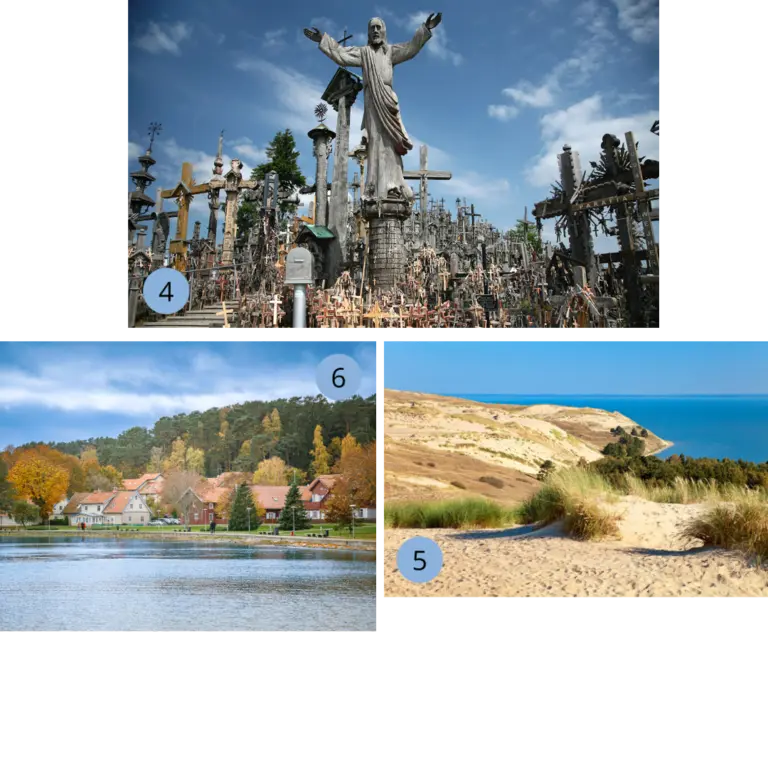 Unsere Lieblingsorte im Baltikum - Berg der Kreuze, Kurische Nehrung, Juodkrantė - Wolters Rundreisen Collage mit Highlights aus Litauen: Der Berg der Kreuze mit Tausenden von Kreuzen als Pilgerstätte, die Kurische Nehrung mit goldgelben Dünen und weiter Sicht auf die Ostsee sowie ein idyllisches Dorf mit traditionellen Holzhäusern am Wasser, umgeben von herbstlich gefärbten Wäldern.