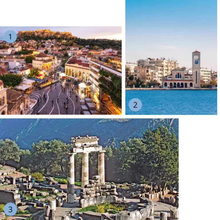 Auf dem Bild sind 3 kleinere Bilder zu erkennen: Ein Blick auf den Monastiraki-Platz in Athen bei Abenddämmerung mit vielen Menschen, umgeben von historischen Gebäuden und der hell erleuchteten Akropolis im Hintergrund. Ein weiteres Bild zeigt die Hafenstadt Volos mit einer Kirche samt Glockenturm direkt am Wasser, eingerahmt von modernen Gebäuden. Das dritte Bild zeigt die antiken Ruinen des Tempels von Delphi in Griechenland mit gut erhaltenen Steinsäulen, eingebettet in eine grüne Landschaft.