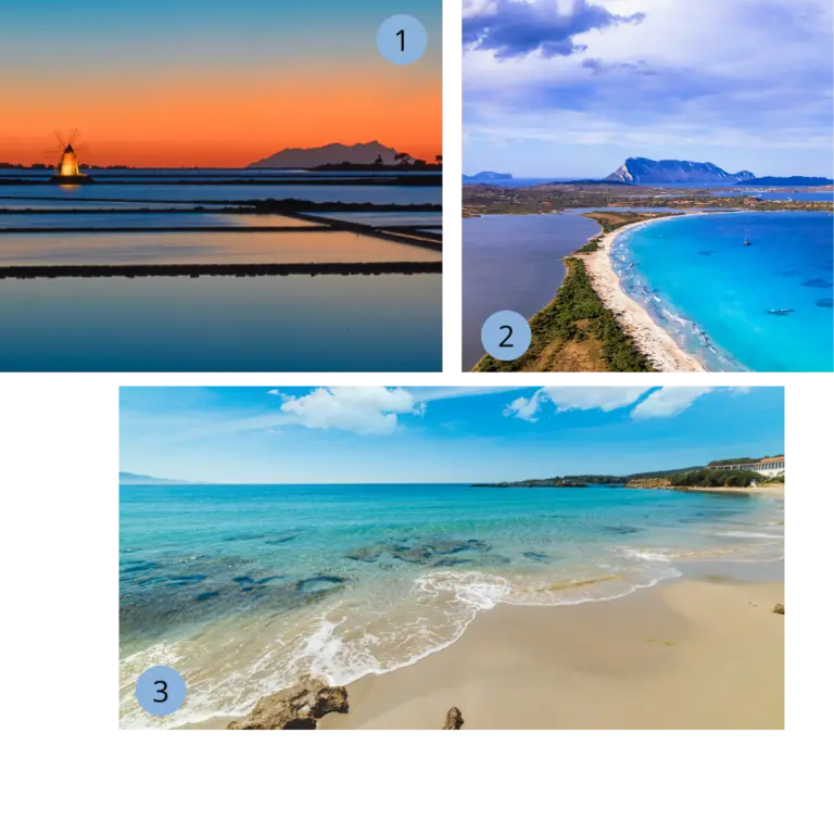 Traumhaftes Italien: Von Siziliens goldenen Salinen zu Sardiniens türkisfarbenen Küsten Eine dreiteilige Collage präsentiert die landschaftliche Schönheit Italiens: Eine historische Windmühle an den Salinen von Sizilien vor einem intensiv leuchtenden Abendhimmel, die spektakuläre Küstenlinie Sardiniens mit Blick auf die markante Insel Tavolara und einen idyllischen Sandstrand mit glasklarem, türkisfarbenem Wasser – eine perfekte Inspiration für eine unvergessliche Reise oder einen Sommerurlaub im Süden.