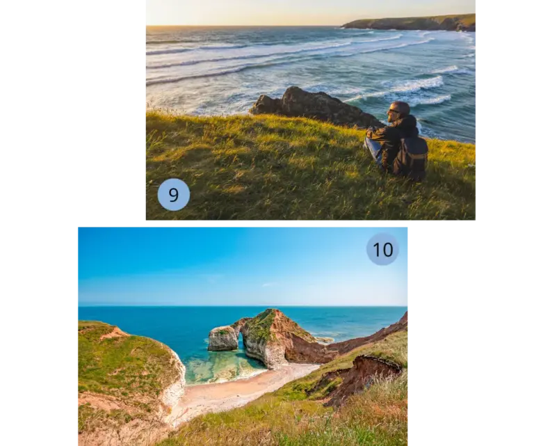 Eine zweiteilige Bildcollage zeigt die raue Schönheit der englischen Küste: Ein Wanderer mit Rucksack sitzt im goldenen Licht des Sonnenuntergangs auf einer Klippe und blickt auf die brandenden Wellen, sowie die spektakuläre Felsformation des „Drinking Hole“ an den weißen Kreidefelsen von Flamborough Head in Yorkshire – ein wahres Highlight für jeden Wanderurlaub am Meer.
