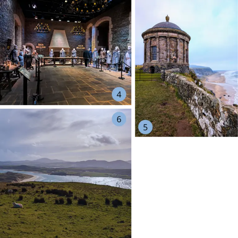 Collage mit einer Game-of-Thrones-Filmlocation, dem Mussenden Tempel an der Küste und einer Panoramaaufnahme der Halbinsel Inishowen – einzigartige Kultur- und Naturerlebnisse in Irland.