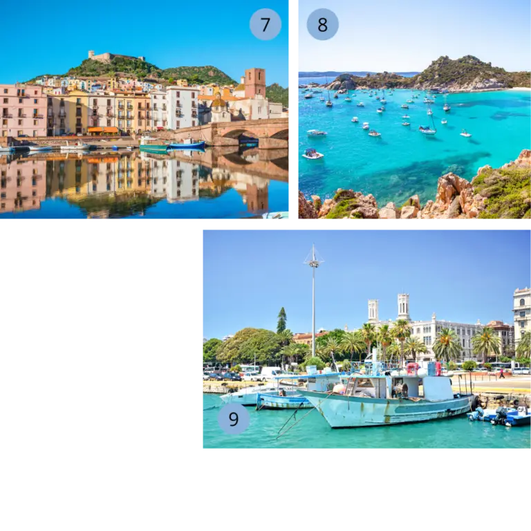 Unsere Lieblingsorte auf Sardinien - Oristano, Costa Smeralda, Cagliari - Wolters Rundreisen Collage mit der bunten Stadt Bosa, dem Archipel La Maddalena und dem Hafen von Cagliari – mediterrane Vielfalt und malerische Städte auf Sardinien.