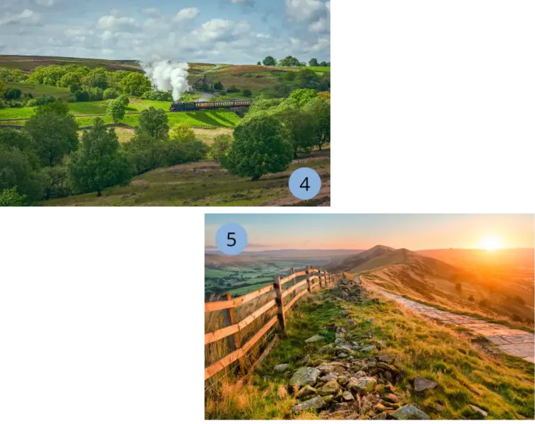 Eine zweiteilige Bildcollage zeigt die ländliche Idylle Nordenglands: Ein historischer Dampfzug mit weißer Rauchwolke schlängelt sich durch die grünen Hügel der North York Moors, und ein gepflasterter Wanderweg führt entlang eines rustikalen Holzzauns direkt in einen spektakulären Sonnenuntergang über den sanften Gipfeln des Peak District Nationalparks – eine perfekte Inspiration für einen Natur-Urlaub in Großbritannien.
