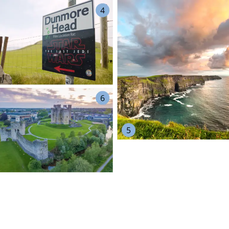 Irland als Filmkulisse Collage mit Drehort-Schild für Star Wars am Dunmore Head, den Cliffs of Moher und Trim Castle – berühmte irische Filmkulissen aus Star Wars, Harry Potter und Braveheart.