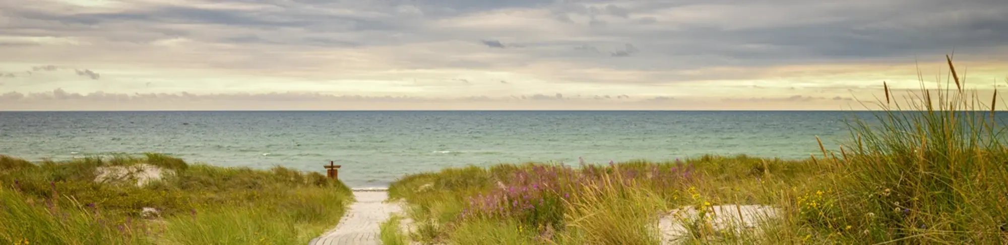 Ein hölzerner Steg führt durch grasbewachsene Dünen hinunter zum Meer an einem ruhigen Strand in Schweden. Die Szene zeigt weiches Abendlicht unter leicht bewölktem Himmel und vermittelt eine friedliche Urlaubsstimmung voller Natur, Erholung und Weite.