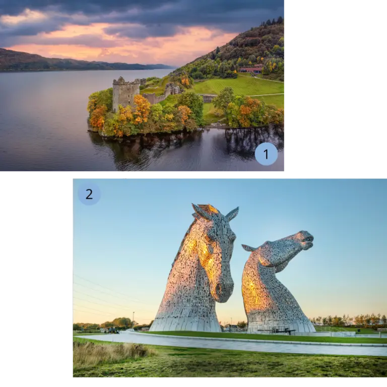 Collage mit zwei Bildern 1) Eine sonnige Panoramaansicht eines Sees mit Burgruinen in grüner Hügellandschaft. 2) Frau sitz auf einer Wiese vor den Kelpies bei strahlendem Wetter.