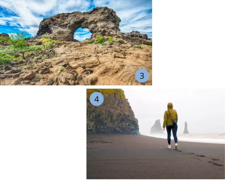 Dimmuborgir & Reynisfjara Zweiteilige Collage zu Islands Vulkanlandschaften: Bizarre, poröse Lavaturme mit natürlichem Felsfenster; hellblauer Himmel und junge Vegetation zwischen erkalteten Strukturen zeigen Dimmuborgir. Das zweite Bild zeigt eine Person mit Kapuzenjacke geht über schwarzen Vulkansand des Reynisfjara Strand; links aufragende hexagonale Basaltsäulen, im Nebel die See-Stacks Reynisdrangar.
