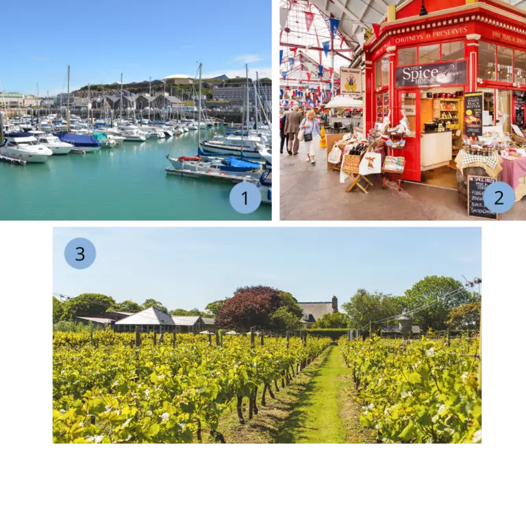 Collage mit drei Eindrücken von Jersey: Der lebendige Yachthafen von St. Helier mit Segelbooten und Motorjachten im türkisfarbenen Wasser. Ein traditioneller Markthallenbesuch mit bunten Fahnen, Ständen und regionalen Spezialitäten in St. Helier. Ein sonniger Weinberg mit gepflegten Rebreihen, die bis zu einem Weingut führen – Symbol für die wachsende Weinbaukultur der Kanalinsel.