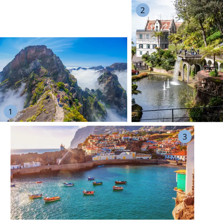 Auf dem Bild sieht man drei kleinere Bilder. Einmal den hohen Gipfel Pico de Arieiro auf Madeira, dann Madeiras Hauptstadt Funchal und die Camara de Lobos auf Madeira, das älteste Fischerdorf. 