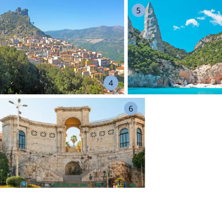 Unsere Lieblingsorte auf Sardinien - Gebirge Gennargentu, Orosei, Bastione San Remy - Wolters Rundreisen Collage mit einem traditionellen Bergdorf, der Felsformation Pedra Longa und dem Bastione di Saint Remy in Cagliari – beeindruckende Mischung aus Natur und Kultur auf Sardinien.