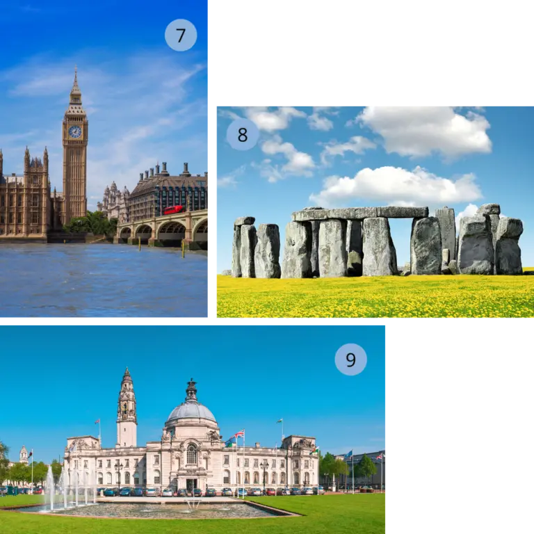 Unsere Lieblingsorte in Großbritannien - London, Stonehenge, Cardiff - Wolters Rundreisen Auf dem Bild sind drei kleinere Bilder zu sehen. Das erste zeigt den Big Ben, einen großen Glockenturm in London. Rechts führt eine Brücke über die Themse zu ihm hin. Das zweite Bild zeigt den prähistorischen Steinkreis Stonehenge bei blauem Himmel mit einigen Wolken und einer grünen Wiese. Das dritte Bild zeigt das Rathaus der Stadt. Vor dem imposanten weißen Gebäude gibt es Wasserfontänen und ein Wasserbecken, das zur Zierde dient. Das Gebäude hat eine weiße Kuppel.
