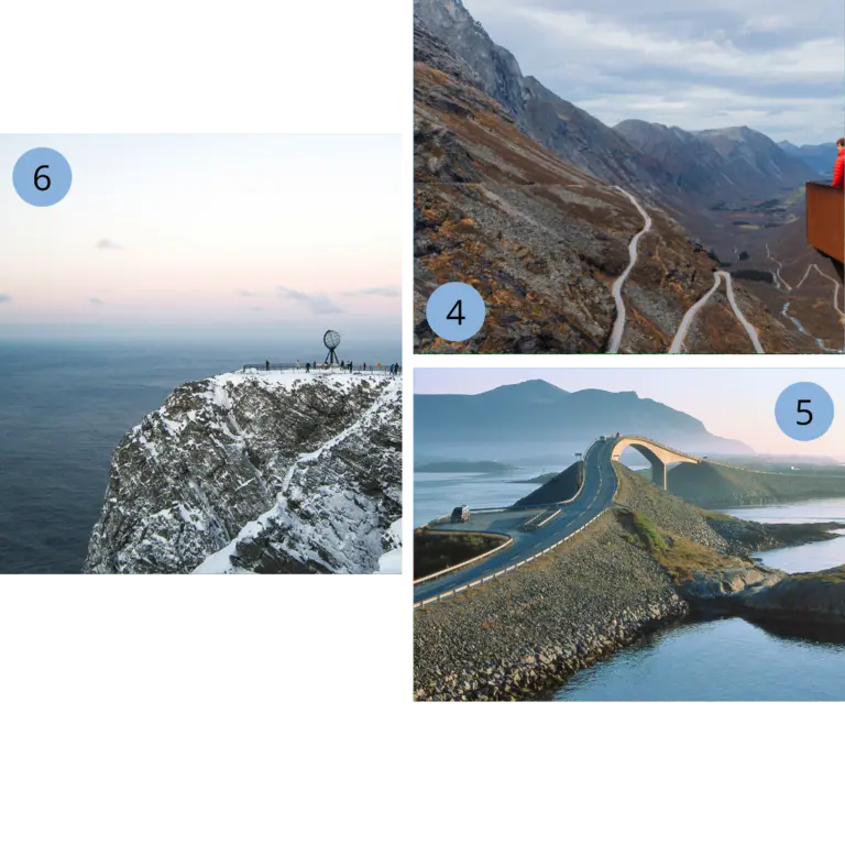 Norwegen im Winter und Sommer: Nordkapp, Trollstigen und die Atlantikstraße entdecken Eine dreiteilige Collage zeigt die Highlights einer Norwegen-Reise: Das markante, schneebedeckte Felsplateau des Nordkapps mit dem berühmten Globus-Monument, den Blick von einer Aussichtsplattform auf die Serpentinen der Gebirgsstraße Trollstigen und die spektakuläre, geschwungene Storseisundet-Brücke der Atlantikstraße – eine perfekte Inspiration für ein unvergessliches Reise-Abenteuer in der Natur.