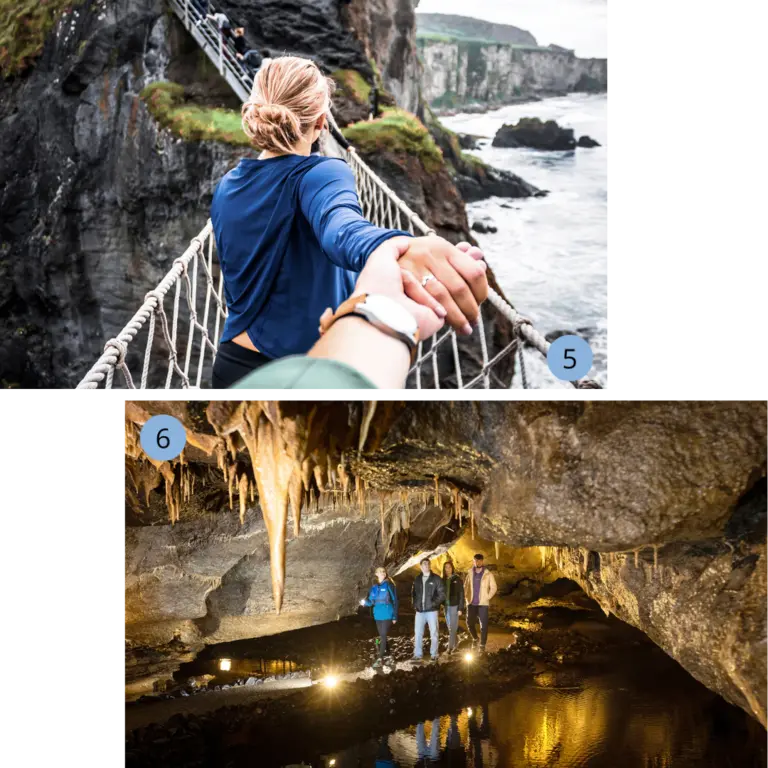 Abenteuer in Nordirland - Seilbrücke Carrick-a-Rede und Marble Arch Caves Die Collage zeigt die Carrick-a-Rede-Seilbrücke, die über tosende Wellen und Klippen führt, sowie die faszinierenden Marble Arch Caves mit Tropfsteinformationen im Untergrund. Beide Orte sind beliebte Highlights für Abenteurer, Naturfreunde und Wanderer.