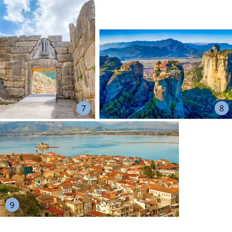 Auf dem Bild sind 3 kleinere Bilder zu erkennen: Das berühmte Löwentor von Mykene in Griechenland mit monumentalen Steinquadern und dem Relief zweier Löwenfiguren über dem Torbogen. Ein weiteres Bild zeigt ein Kloster der Meteora in Zentralgriechenland, das spektakulär auf einem hohen Felsen thront und von grünen Bergen umgeben ist. Das dritte Bild zeigt die Stadt Nafplio am Meer mit ihren roten Ziegeldächern, engen Gassen, der venezianischen Festung Palamidi und der kleinen Bourtzi-Festung auf einer Insel im Wasser.
