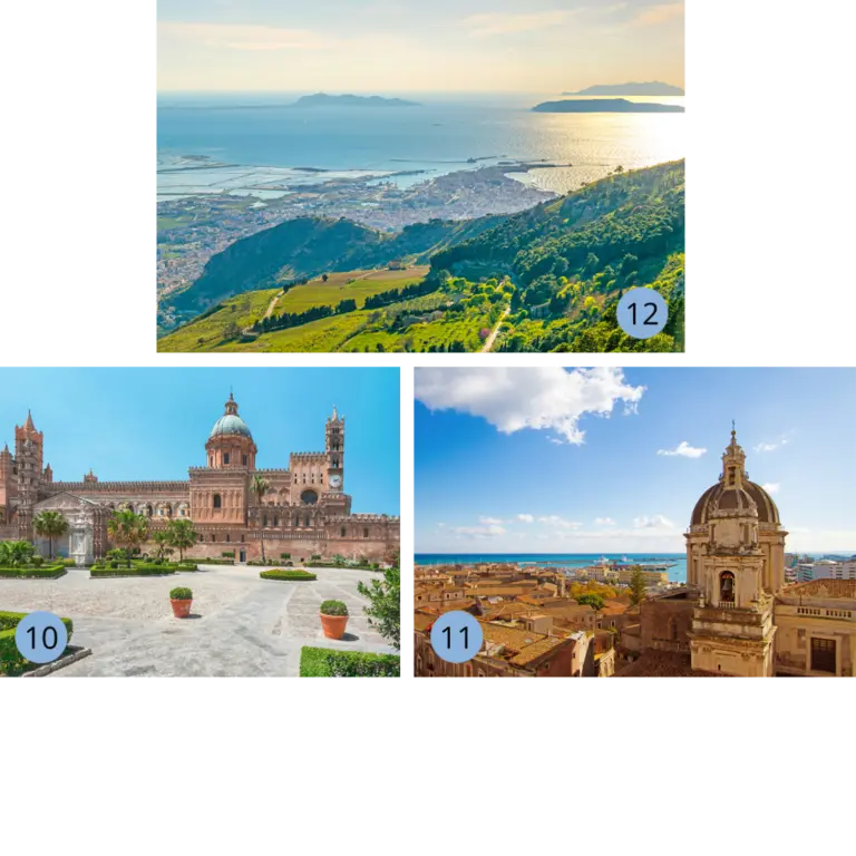 Unsere Lieblingsorte auf Sizilien - Palermo, Catania, Trapani - Wolters Rundreisen Collage mit der Kathedrale von Palermo, dem Stadtbild von Catania und einem Panoramablick auf Trapani – kulturelle und landschaftliche Vielfalt Siziliens.