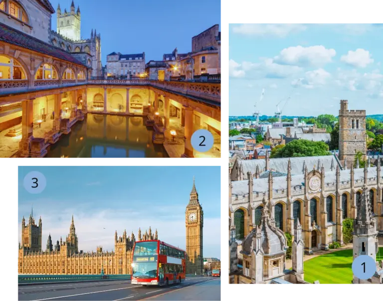 Collage mit drei Höhepunkten in England: Oxford mit der markanten Radcliffe Camera und gotischer Architektur, die römischen Bäder in Bath mit beleuchteten Arkaden am Abend sowie London mit Big Ben, den Houses of Parliament und einem roten Doppeldeckerbus.