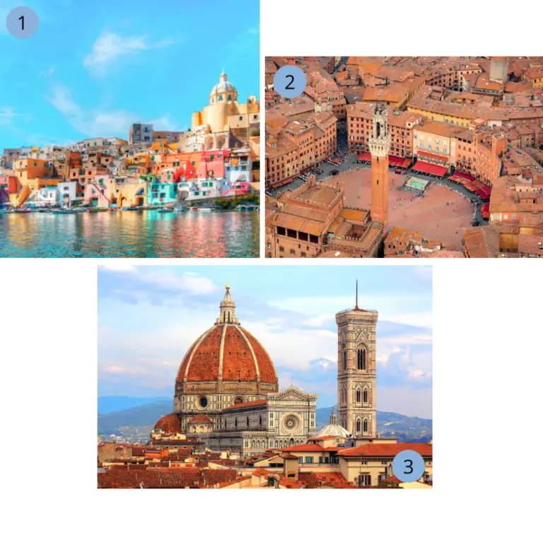 Collage mit Highlights aus Mittelitalien: Bunte Häuser am Hafen von Procida, die Piazza del Campo mit Torre del Mangia in Siena sowie die Kathedrale Santa Maria del Fiore mit der berühmten Kuppel in Florenz.