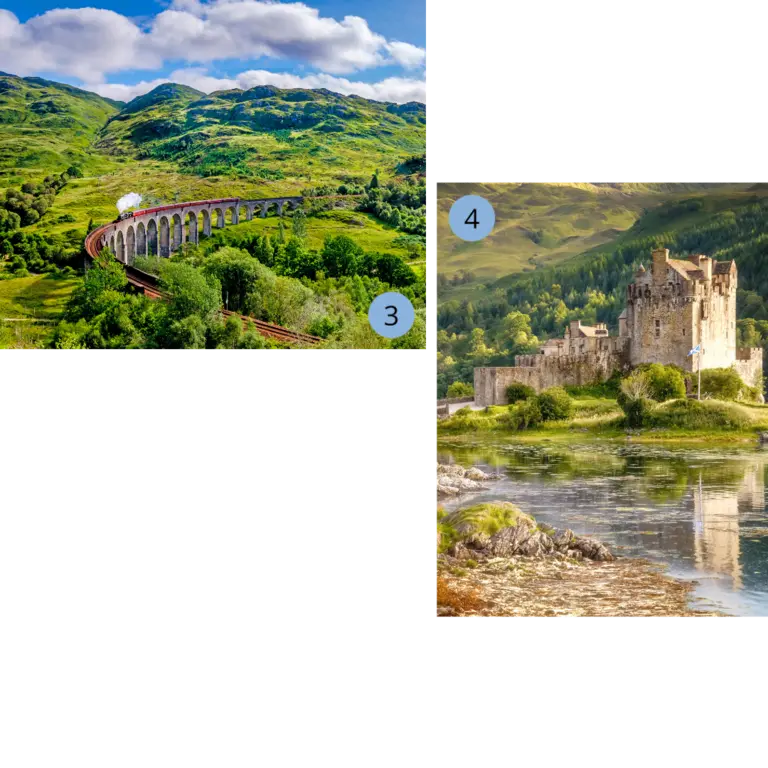 Ikonen der schottischen Highlands Eine Collage mit zwei Bildern 1) Ein historischer Zug über ein steinernes Viadukt durch grüne Berglandschaft. 2) Eine thronende mittelalterliche Burg idyllisch an einem ruhigen Seeufer.