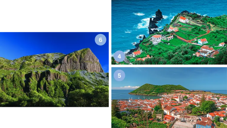 Die Bilder zeigen verschiedene Natur- und Kulturschätze der Azoren: die UNESCO-Stadt Angra do Heroísmo auf Terceira mit roten Dächern und Hafenblick; die grünen Fajãs auf São Jorge, eine Küstenlandschaft mit Feldern, weißen Häusern und dem Atlantik im Hintergrund; sowie die beeindruckenden Basaltsäulen Rochas dos Bordões auf Flores, die sich steil und mächtig aus der grünen Landschaft erheben.