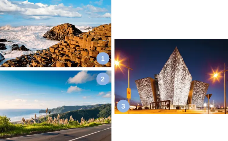 Unsere Lieblingsorte in Irland - Giant's Causeway, Causeway Coastal Route, Belfast - Wolters Rundreisen Collage mit dem UNESCO-Weltnaturerbe Giant’s Causeway, der malerischen Causeway Coastal Route und dem modernen Titanic Museum in Belfast – Top-Highlights in Nordirland.