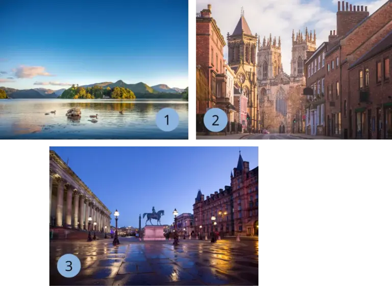 Eine dreiteilige Bildcollage zeigt die Highlights von Nordengland: Die friedliche Seenlandschaft des Lake District bei Sonnenaufgang, eine malerische Gasse mit Blick auf das majestätische York Minster und den beleuchteten St George's Plateau in Liverpool zur blauen Stunde – eine ideale Inspiration für eine Rundreise durch Großbritannien voller Geschichte und Natur.
